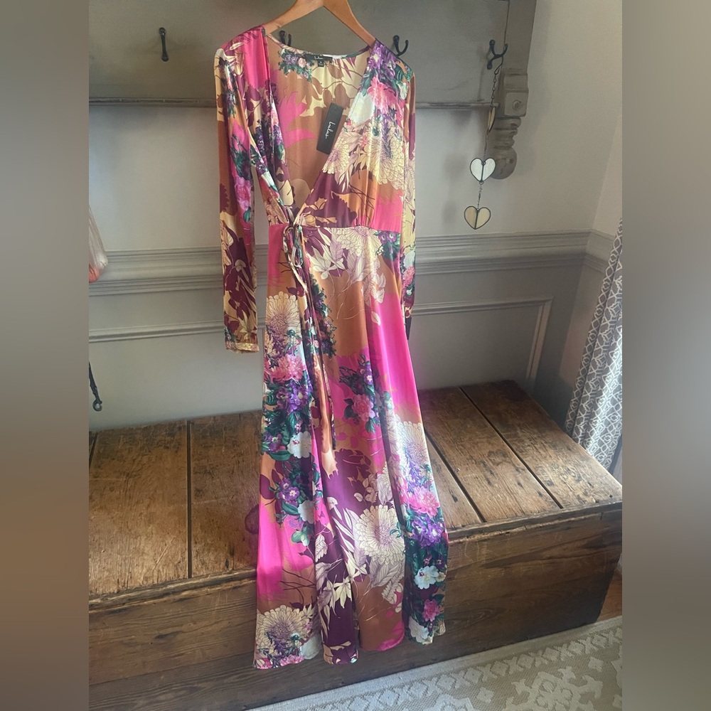 Lulu's Floral Wrap Maxi Dress in Pink and Brown